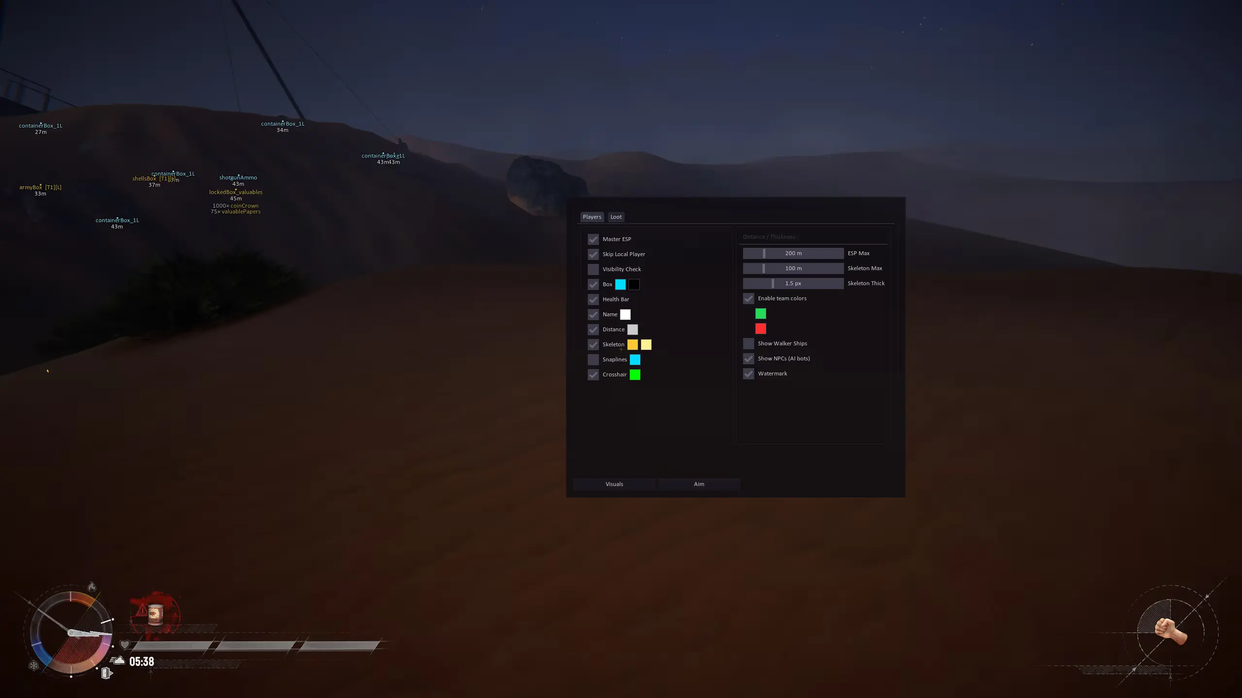 SAND Raiders of Sophie cheat menu showing aimbot ESP loot ESP and miscellaneous features